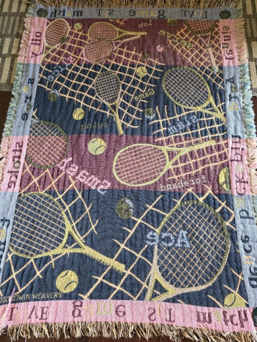 Vintage Tennis Woven Tapestry Throw Blanket 45x60 Fringe Sports Goodwin Weavers